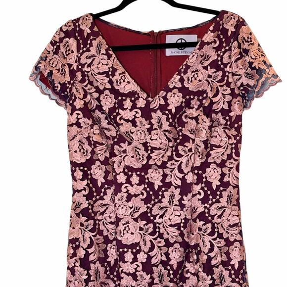JS Collections V-Neck Floral Embroidered Mesh Cocktail Dress in Burgundy - Picture 3 of 9